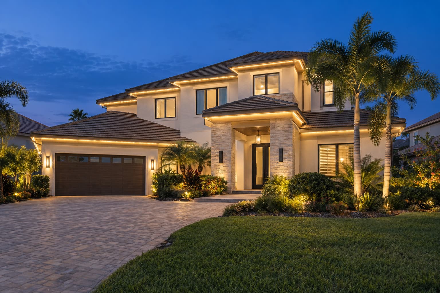 A home at dusk with warm-white permanent roofline lighting and lit landscaping