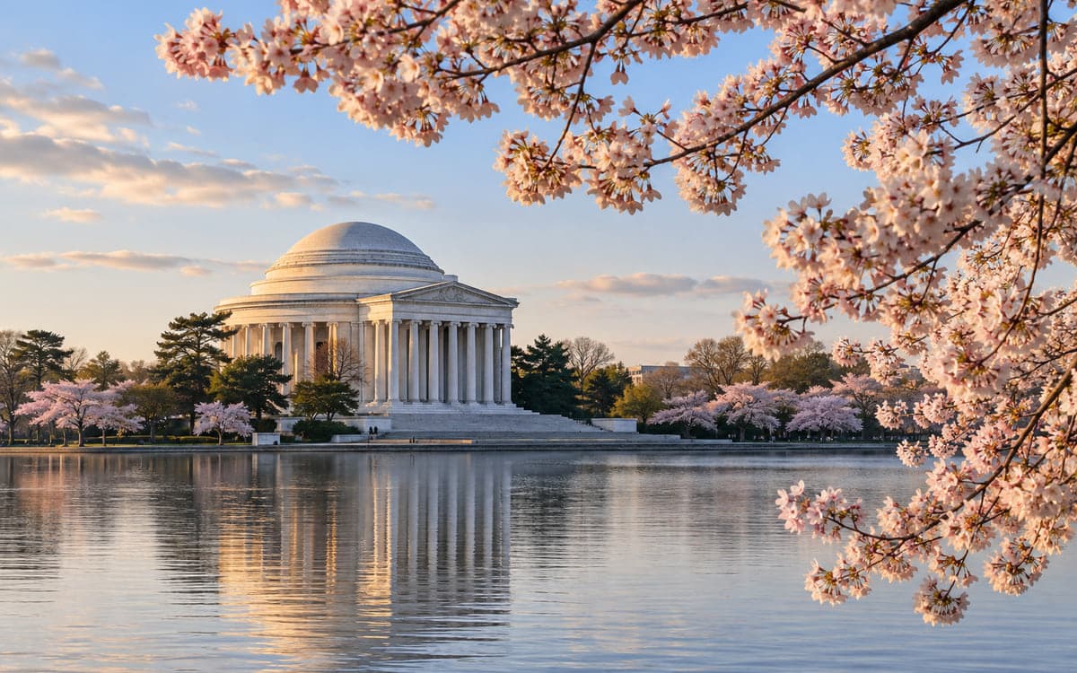 The Jefferson Memorial across the Tidal Basin, framed by cherry blossom