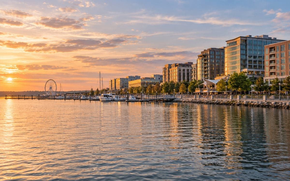 A Maryland waterfront at sunset, with a marina, an observation wheel and lit buildings