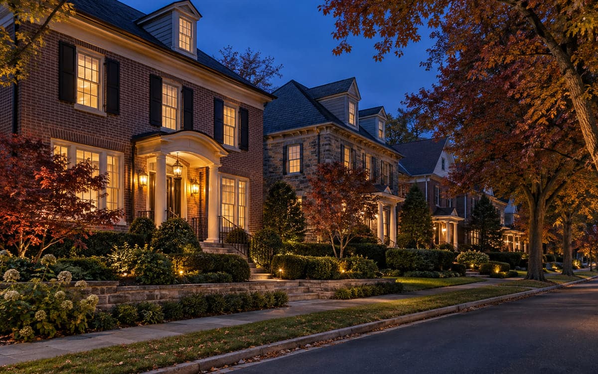A Northern Virginia residential street at dusk in autumn — brick and stone houses with lit windows, mature trees turning, no downtown landmarks