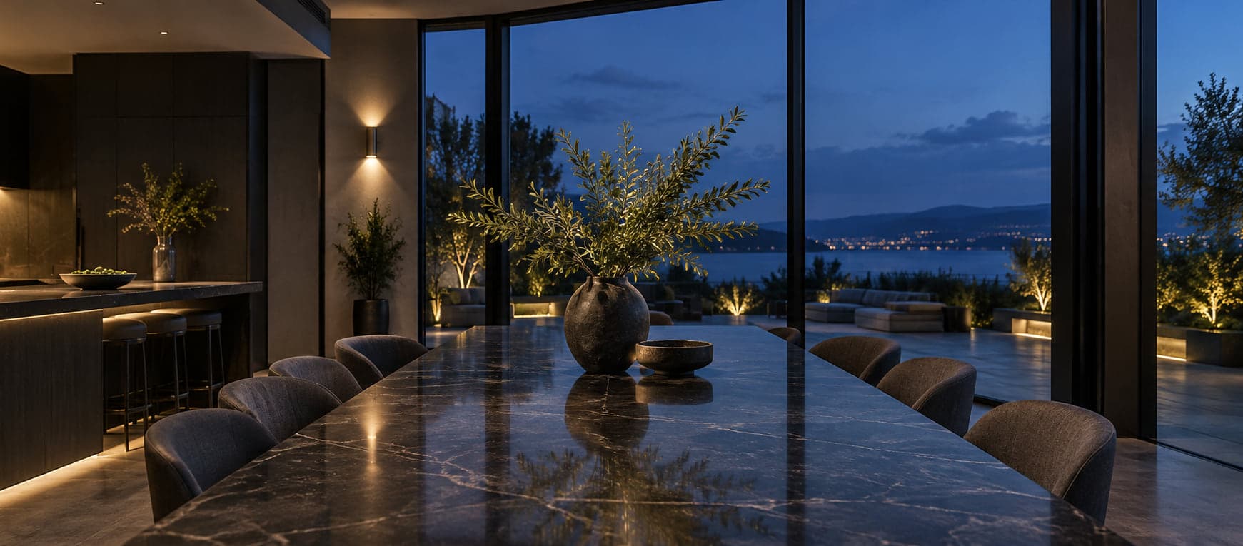A long dark stone dining table at night reflecting warm lamplight, with a stone vase of olive branches and a lit terrace beyond the glass