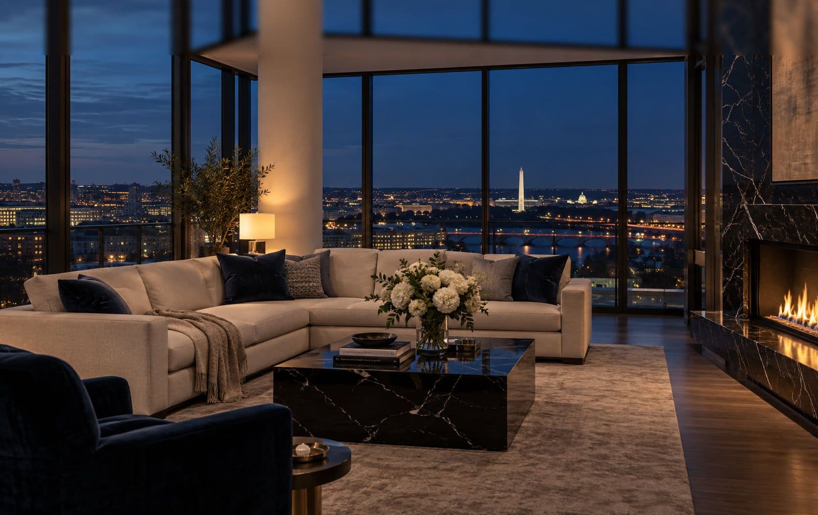 A luxury living room at dusk with a lit fireplace, a cream sectional with navy cushions, a black marble table holding white flowers, and the lit Washington Monument small in the distance through floor-to-ceiling windows