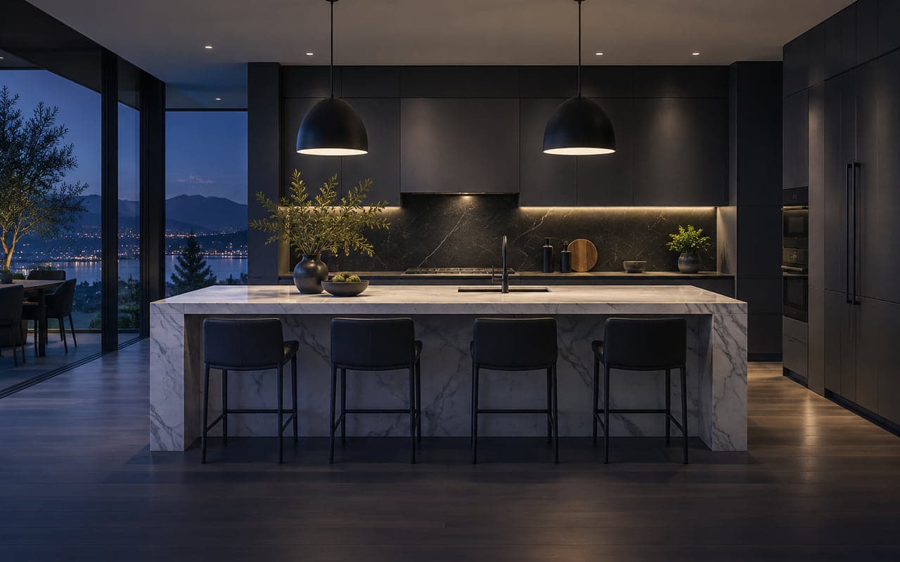A dark modern kitchen at night with a white marble island, matte black cabinetry and two pendant lights above the counter