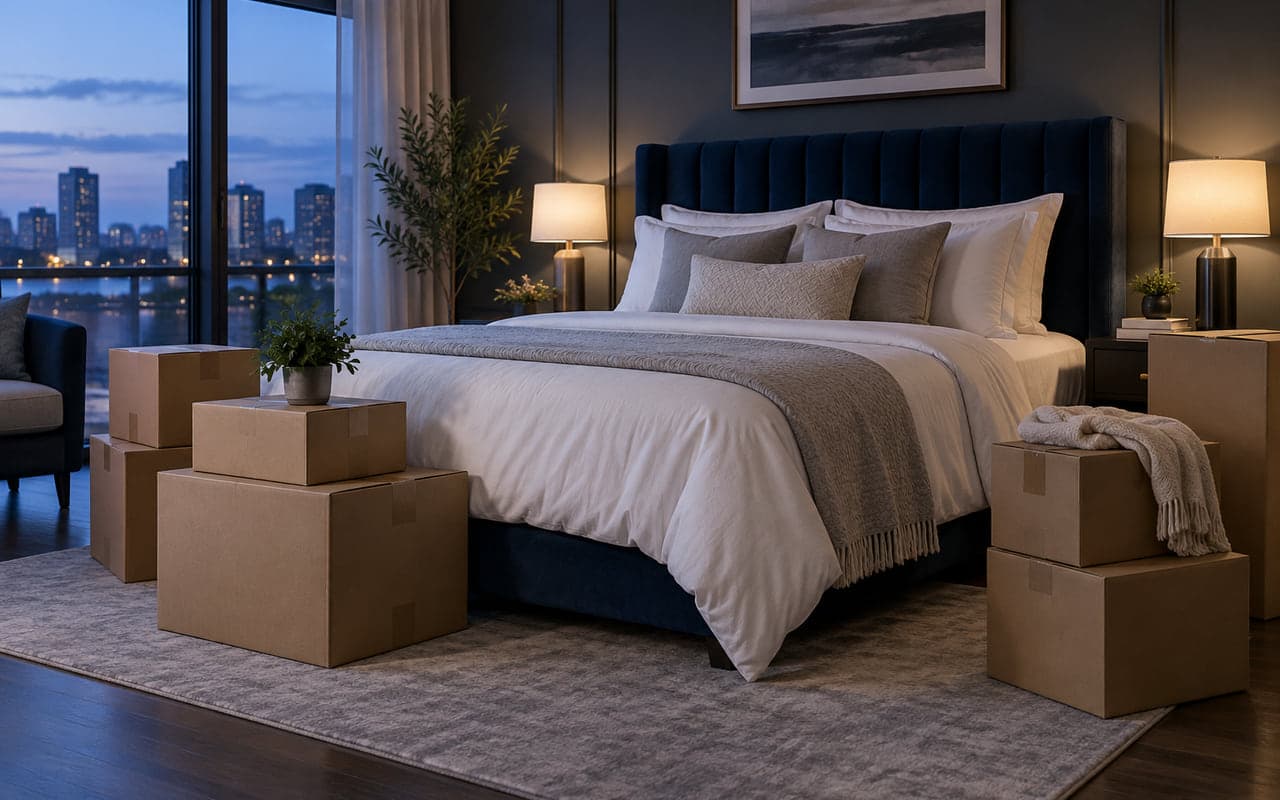 A bedroom at night with a navy upholstered bed, white bedding and stacked cardboard moving boxes beside it, a lit city skyline through the window