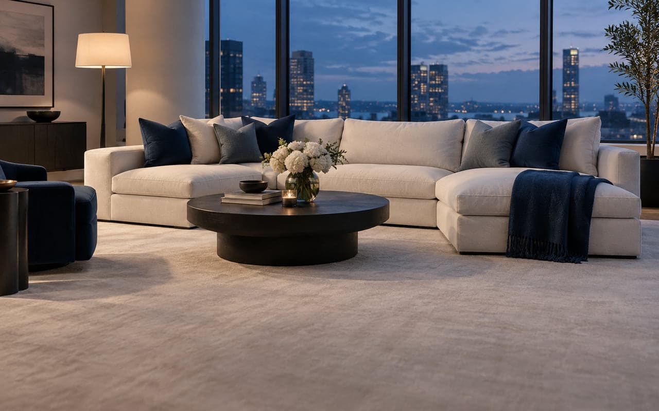 A cream sectional sofa with navy and slate cushions in a city apartment at blue hour, white hydrangeas on a round dark coffee table, a lit skyline beyond the windows